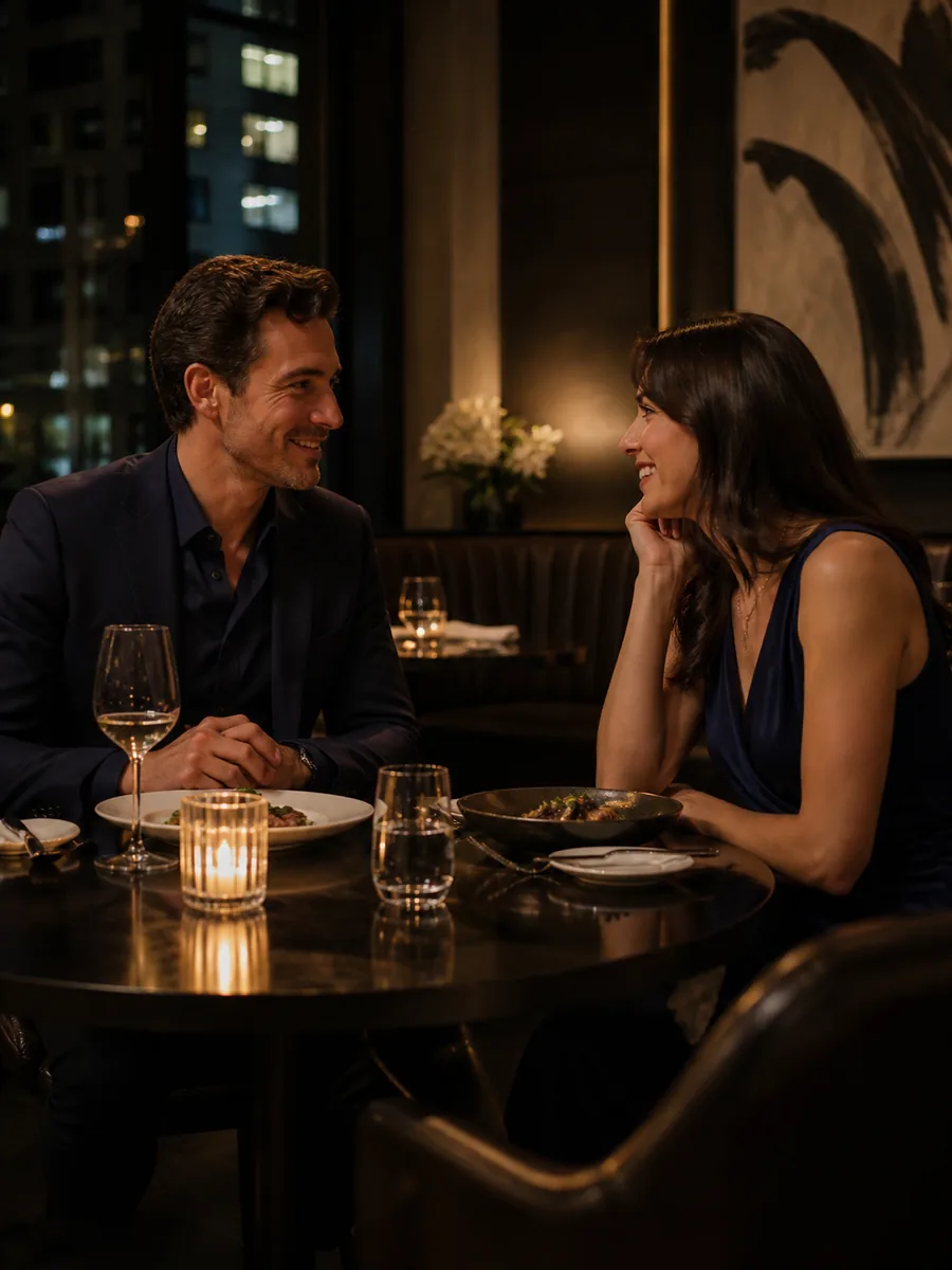 An elegant couple sharing a first date dinner